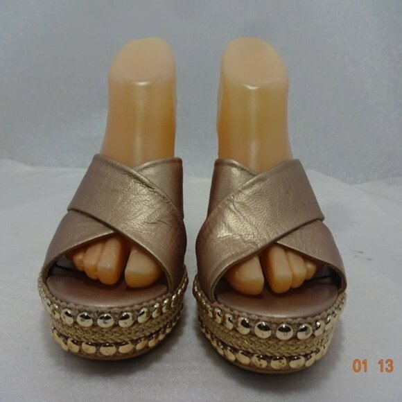 Marian Shoes - Marian Spain Womens Size EU 38 US 7 Gold Wedge Studded Espadrilles Sandals